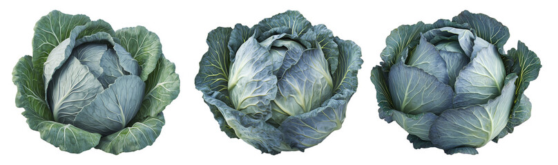Obraz premium Whole green cabbage with vibrant outer leaves isolated on a transparent background.
