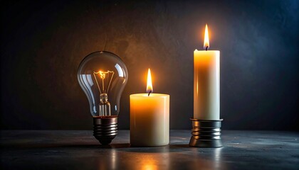 Candles and light bulb sit on a table, showing different light sources during the evening time