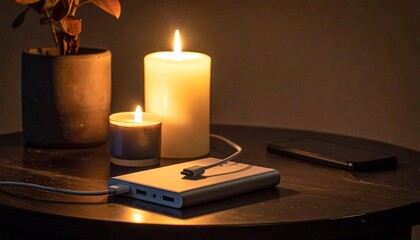 Charging a power bank on a table beside candles and a plant during evening hours