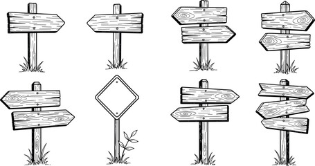 Wooden signpost illustration set with rustic directional boards, hand drawn line art style, outdoor wayfinding signs for travel, hiking, and navigation design © Yeasin