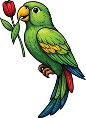 Green Parrot Holding Red Tulip Illustration &ndash; Colorful Vintage Style Art