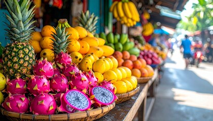 Fresh fruit displayed at a market stand in a tropical location during daytime