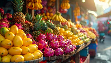 Vibrant fruit market in a sunny location with stalls full of fresh produce during the day