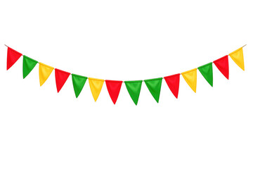 Fototapeta premium Colorful bunting garland streaking, red, yellow, green party flags, festive decoration on transparent background