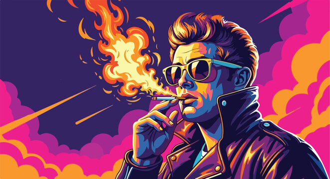 Stylish greaser with pompadour hairstyle smokes a cigarette exhaling vibrant fire and smoke in retro pop art style on transparent background