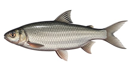 An illustration of a single common bream fish with silver scales, showcasing its aquatic form and detailed fins