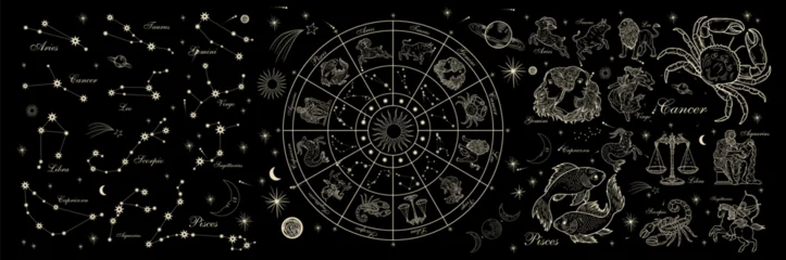 Vector illustration set of moon phases. Different stages of moonlight activity in vintage engraving style. Zodiac Signs   © chikovnaya