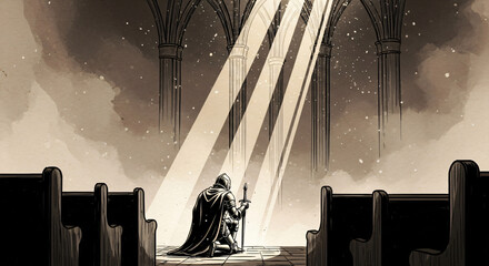 Medieval Knight Kneeling in Prayer Inside Cathedral With Divine Light