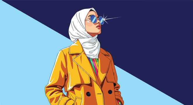 Stylish modern hijabi woman wearing vibrant yellow trench coat and reflective sunglasses looking confidently upward on transparent background