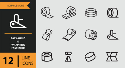 A collection of editable line icons depicting various packaging and wrapping fasteners including adhesive tapes and dispensers