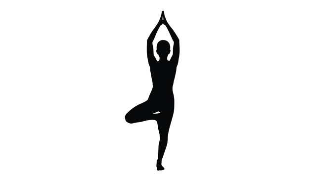 A black silhouette of a woman in a yoga pose with one leg bent and arms raised on white background