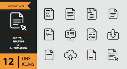 Modern digital document, sharing, and automation line icons for web and mobile interface