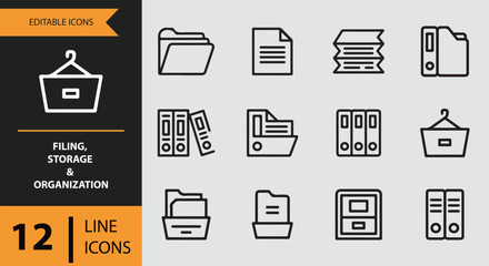 Editable line icons for filing, storage, and organization of documents and files