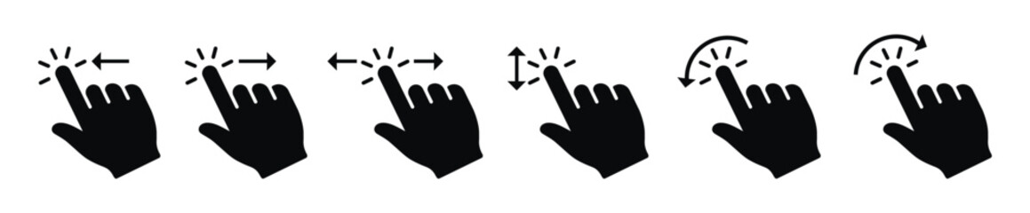Fototapeta premium Set of black hand cursor icons illustrating touch gestures: swipe left, right, scroll, and rotate. Minimalist vector graphics for mobile app navigation and UI/UX design on a white background.