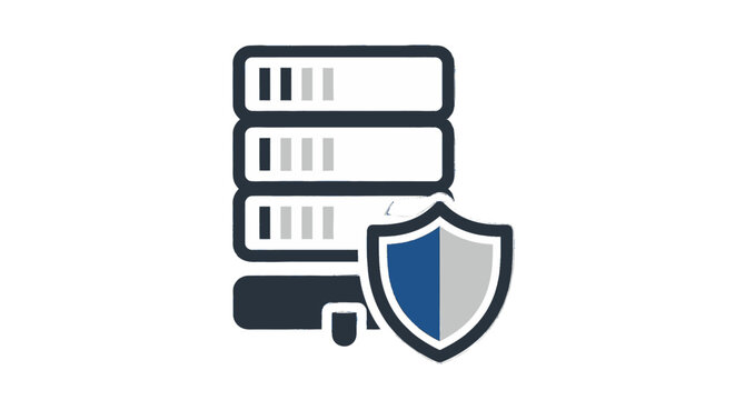 Server rack with shield icon in dark blue and gray colors on white background for cybersecurity