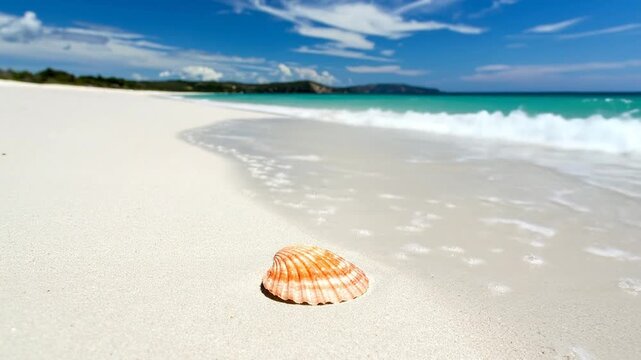 A scenic coastal view with an orange seashell on a white sand beach, turquoise water and blue sky
