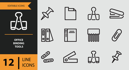 Essential office binding and stationery tools line icons set for professional use
