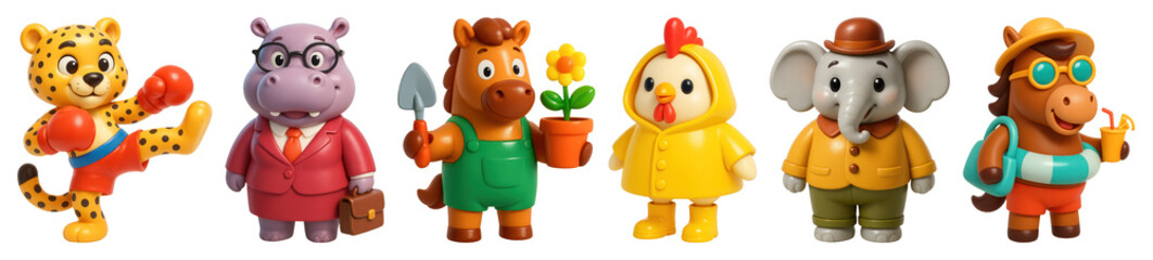 PNG Colorful animal character figurines, element set on transparent background
