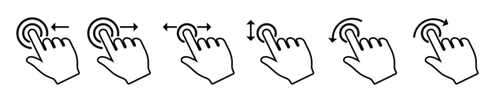 Set of black hand cursor icons illustrating touch gestures: swipe left, right, scroll, and rotate. Minimalist vector graphics for mobile app navigation and UI/UX design on a white background.