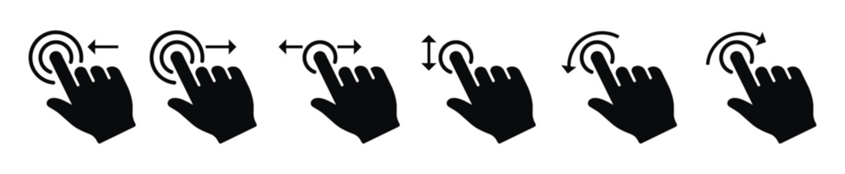 Set of black hand cursor icons illustrating touch gestures: swipe left, right, scroll, and rotate. Minimalist vector graphics for mobile app navigation and UI/UX design on a white background.