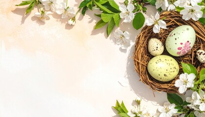 Easter composition with speckled eggs in a bird nest surrounded by white spring blossom flowers on a light background. Concept of spring holidays and rebirth