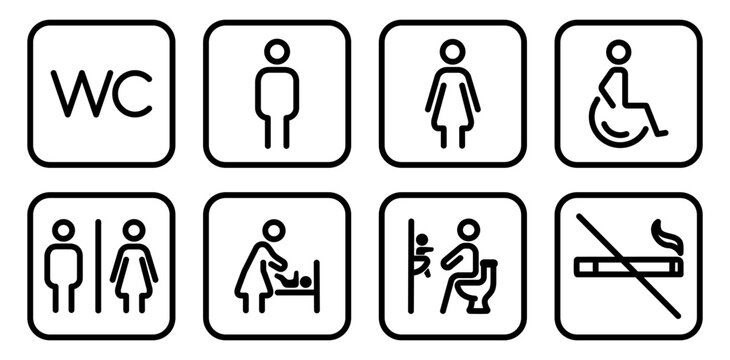 Set of square toilet outline icon symbols for male, female, mother with baby and disabled person in wheelchair. Outline vector illustration for restroom signage and UI design.