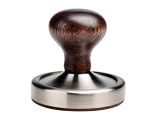 A close-up shot of a coffee tamper on the table. The wooden handle of the tamper is dark brown, and the tamper base is stainless steel. Isolated Transparent Background, PNG