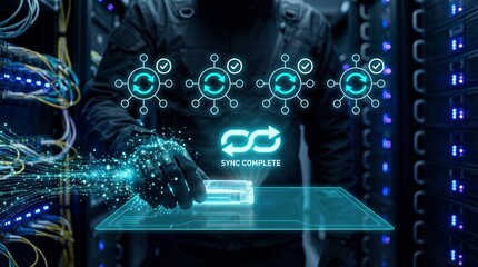 Man in server room interacting with futuristic data synchronization interface