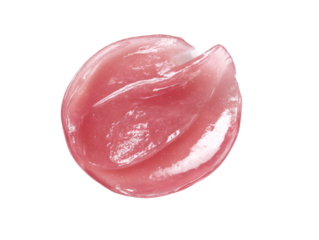 A close-up view of a pinkish, glossy lip balm, highlighting its smooth texture and light, shimmering appearance. Isolated Transparent Background, PNG