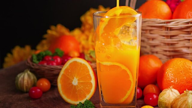 Pouring fresh orange juice into a glass with ice and orange slices on a dark rustic wooden table