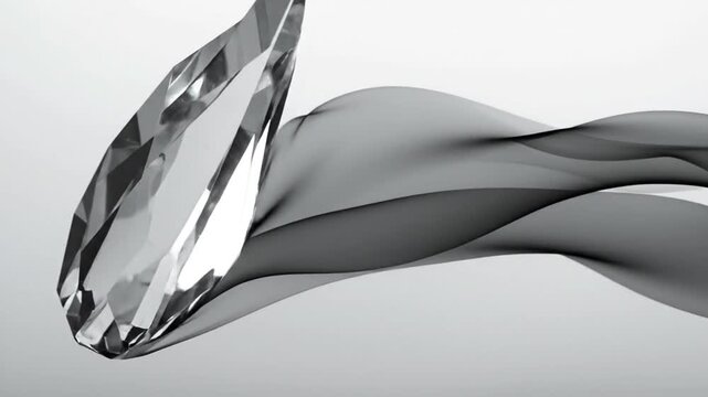 A faceted gem with flowing ribbon-like dark shapes against a bright gradient background