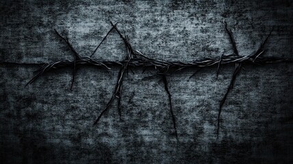A close up view of rough dark barbed wire on a textured gray background