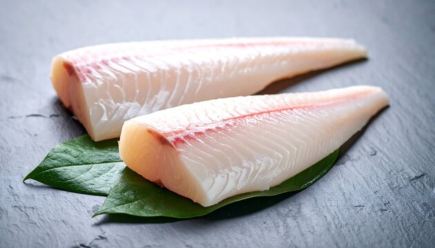葉の上に置かれた白身魚の切り身が素材の鮮度を強調する構図