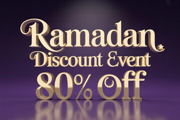 Obraz premium Ramadan discount event sale offering eighty percent off featured in gold text on purple background for islamic holiday shopping promotion with crescent moon and star symbolizing festive season celebra