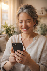 Mature Woman Smiling at Smartphone in Cozy Minimalist Living Room Interior