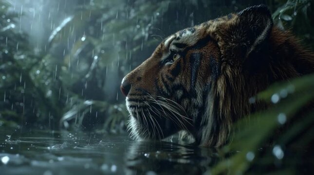 Saber Tooth Tiger in dark wet jungle closeup, intense Smilodon predator portrait for dramatic wildlife visuals and cinematic mood.