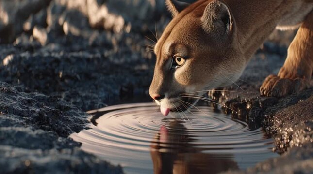 Saber Tooth Tiger drinking water closeup, Smilodon predator behavior scene for wildlife storytelling, history videos, and cinematic edits.
