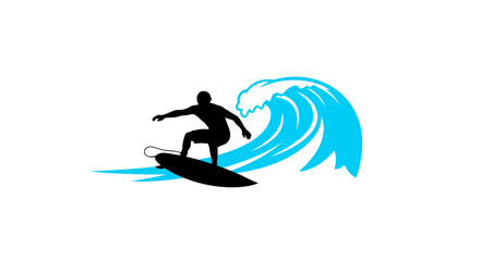 Fototapeta premium Surfer riding massive blue wave on surfboard with dynamic movement