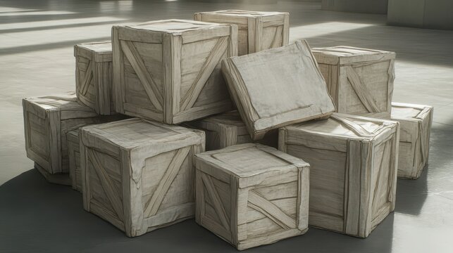 A pile of rough hewn wooden crates with splintered edges stacked indoors