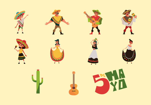 Colorful Mexican Festival Cinco Mayo Illustration Set