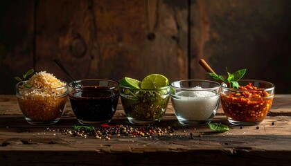 Five bowls of different sauces and spices arranged on a wooden table in a warm light setting during the evening