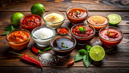 Variety of sauces, spices, and garnishes displayed on wooden table with limes and chili peppers