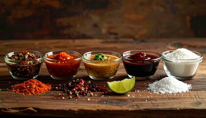 Variety of sauces and spices displayed on a wooden table with fresh lime and salt present