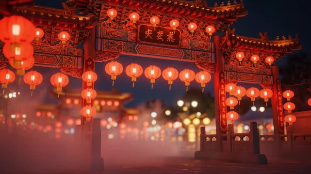 Nighttime view of a Chinese gate adorned with red lanterns in a foggy atmosphere