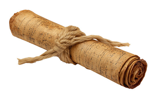 Ancient parchment scroll tied with rope with vintage and antique isolated on a transparent background