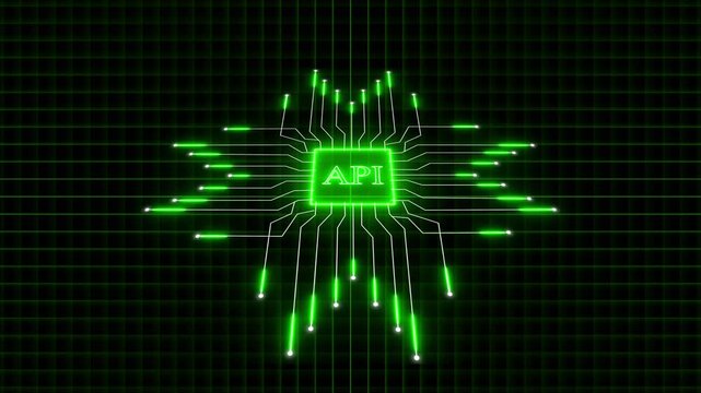 Glowing Green API Chip with Circuit Board Connections on Dark Grid Background application programming interface
