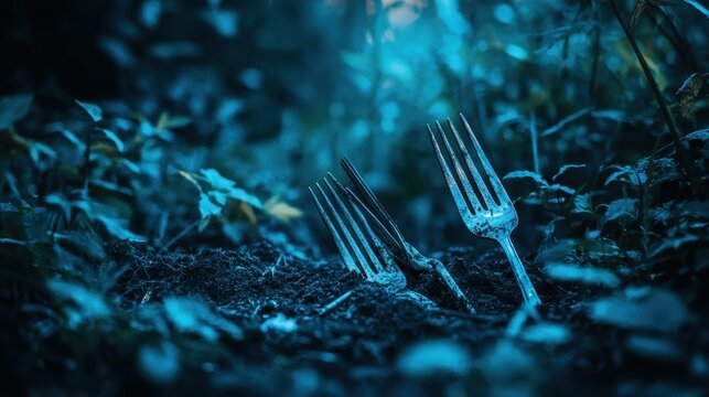Bent tarnished silverware forks partially buried in dark soil surrounded by foliage