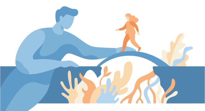Abstract flat vector illustration of a giant helping hand bridging the gap for a small female character to cross. Metaphor for mentorship, support, and overcoming obstacles.