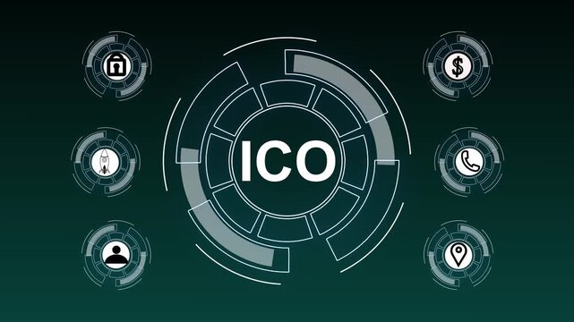 Digital graphic with ICO text in the center surrounded by circular icons representing finance technology and communication on a dark teal gradient background