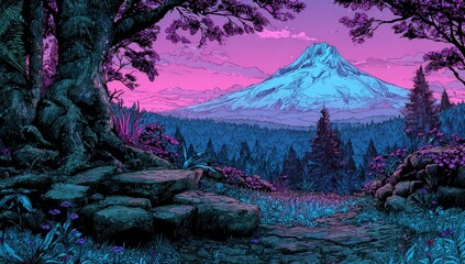 A pixilated landscape scene featuring a snow-capped mountain under a vibrant magenta sky